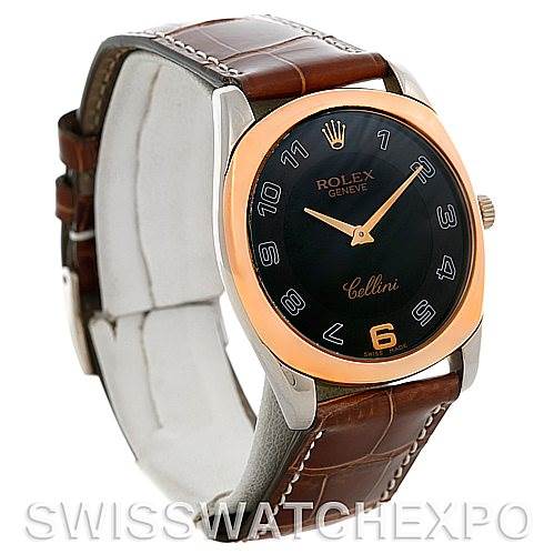 This image shows a Rolex Cellini 4233 Men's White Gold Black Dial 4233 Men's White Gold Black Dial watch featuring a round black dial, gold hands, and a brown leather strap from a front-angle view.