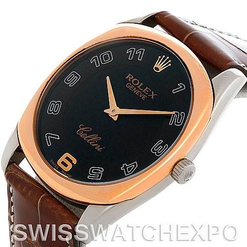 This image shows the Rolex Cellini 4233 Men's White Gold Black Dial 4233 Men's White Gold Black Dial watch from an angled view, highlighting the dial, bezel, crown, and leather strap.