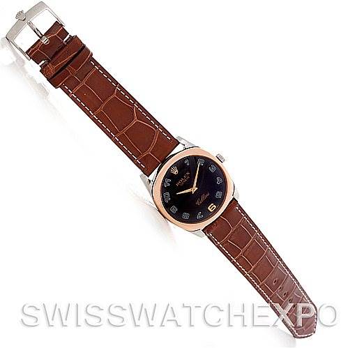 The Rolex Cellini 4233 Men's White Gold Black Dial 4233 Men's White Gold Black Dial watch is shown from an overhead angle, highlighting the entire brown leather strap and black dial.