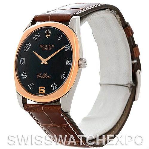 This image shows a Rolex Cellini 4233 Men's White Gold Black Dial 4233 Men's White Gold Black Dial watch at a front-side angle, displaying the dial, case, and brown leather strap.