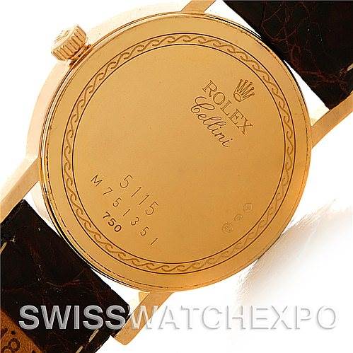 This image shows the back case of a Rolex Cellini 5115 Men's Yellow Gold Beige Dial 5115 Men's Yellow Gold Beige Dial watch, highlighting the model number and branding.