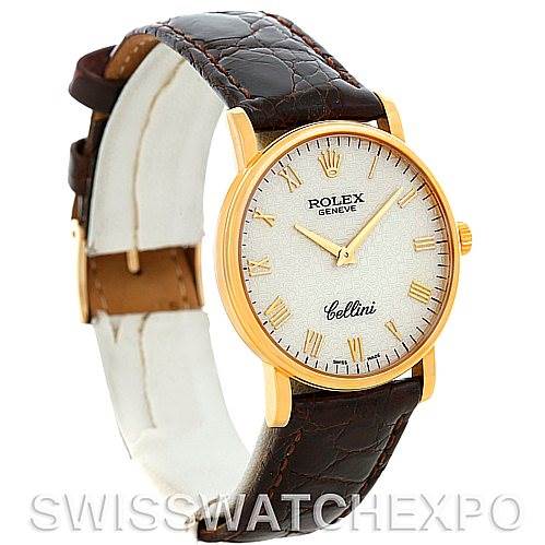 This image shows a front view of a Rolex Cellini 5115 Men's Yellow Gold Beige Dial 5115 Men's Yellow Gold Beige Dial watch, highlighting its face, casing, and leather strap.