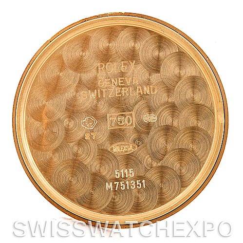 This image shows the interior case back of a Rolex Cellini 5115 Men's Yellow Gold Beige Dial 5115 Men's Yellow Gold Beige Dial watch, displaying its engravings and hallmarks.