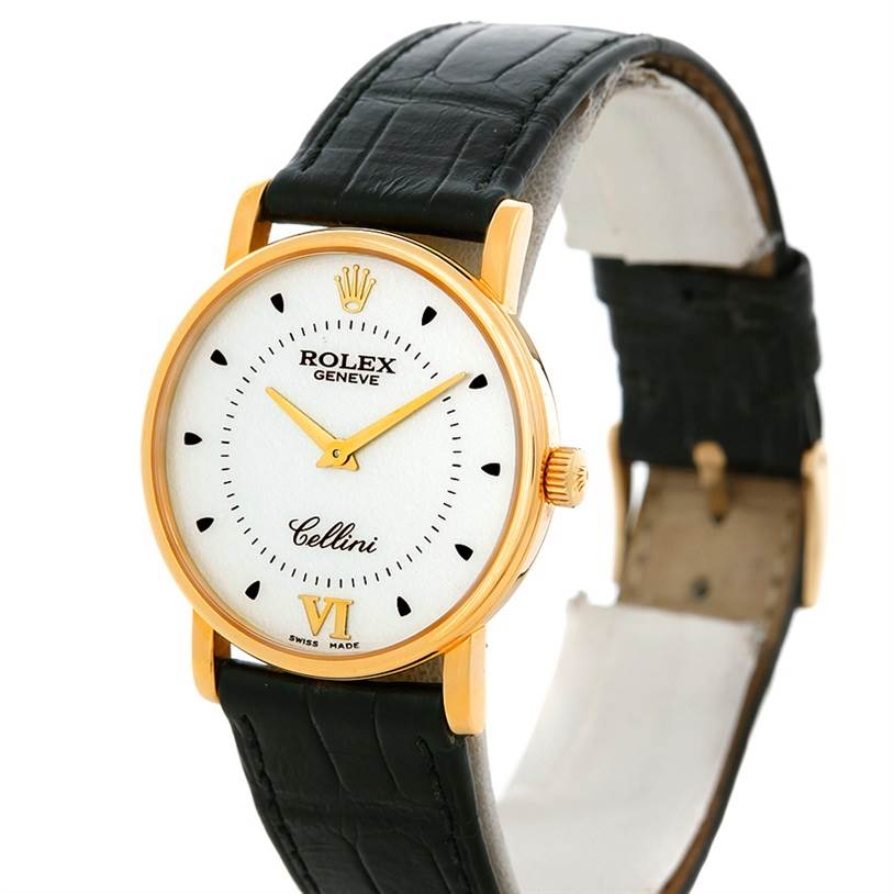 The image shows a Rolex Cellini 5115 Men's Yellow Gold Silver Dial 5115 Men's Yellow Gold Silver Dial watch at a three-quarter angle, highlighting its face, crown, and leather strap.