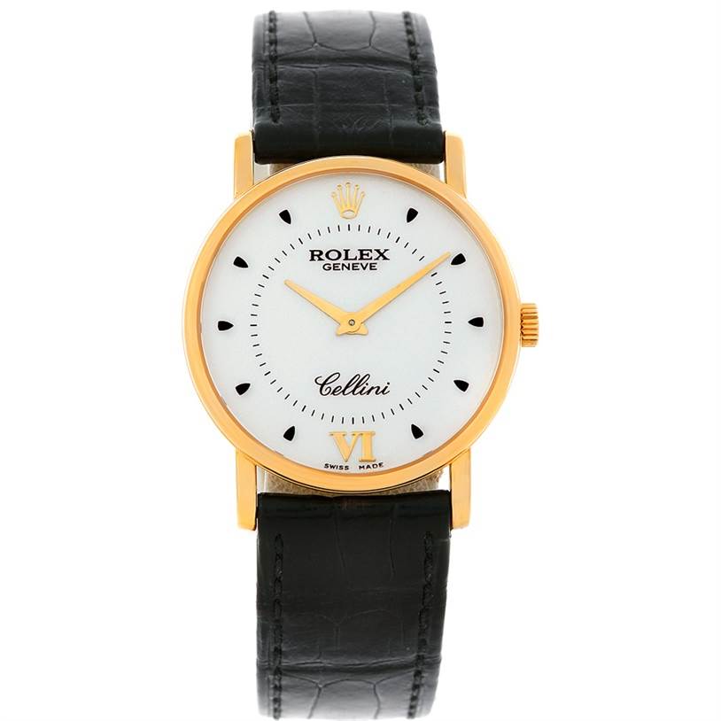 This Rolex Cellini 5115 Men's Yellow Gold Silver Dial 5115 Men's Yellow Gold Silver Dial watch is shown from the front, displaying the face, case, crown, and black leather strap.
