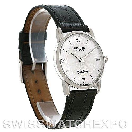 The image shows a Rolex Cellini 5116 Men's White Gold Silver Dial 5116 Men's White Gold Silver Dial watch at an angle displaying the face, bezel, case, crown, and part of the leather strap.