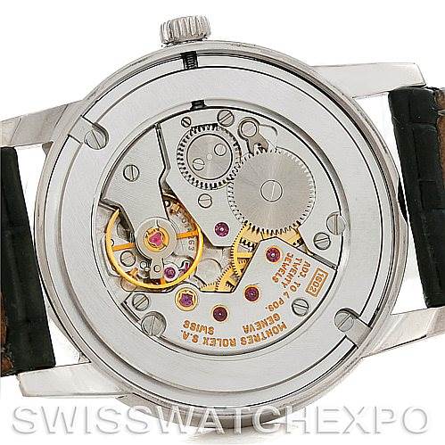 This image shows the exposed movement and inner workings of a Rolex Cellini 5116 Men's White Gold Silver Dial 5116 Men's White Gold Silver Dial model from a rear angle.
