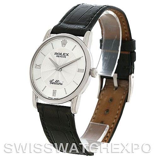 The image shows a side-angle view of a Rolex Cellini 5116 Men's White Gold Silver Dial 5116 Men's White Gold Silver Dial watch, highlighting the dial, case, and leather strap.