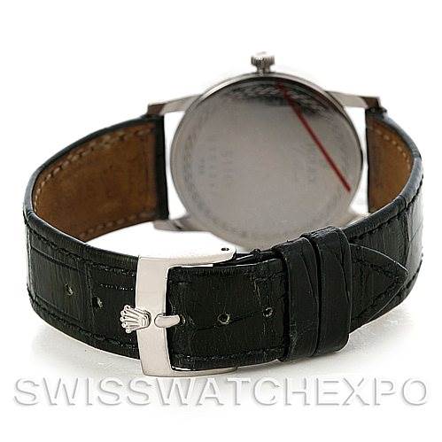 This image shows the back view of a Rolex Cellini 5116 Men's White Gold Silver Dial 5116 Men's White Gold Silver Dial watch, focusing on the buckle, strap, and case back.