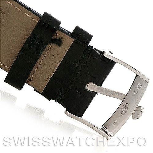 This image shows the buckle and part of the leather strap of a Rolex Cellini 4233 Men's White Gold Black Dial 4233 Men's White Gold Black Dial watch from a close-up, angled top-down view.