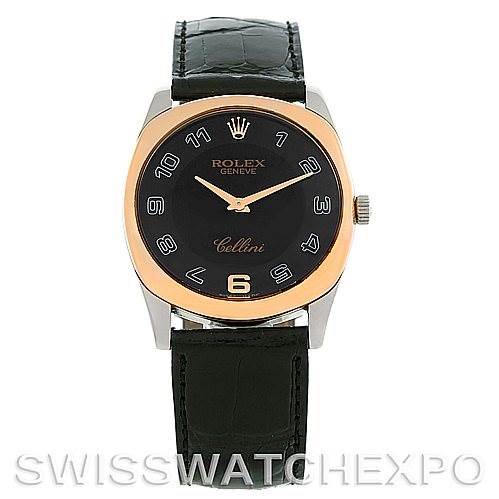 This image shows a front view of the Rolex Cellini 4233 Men's White Gold Black Dial 4233 Men's White Gold Black Dial watch, displaying the face, hands, crown, and leather strap.