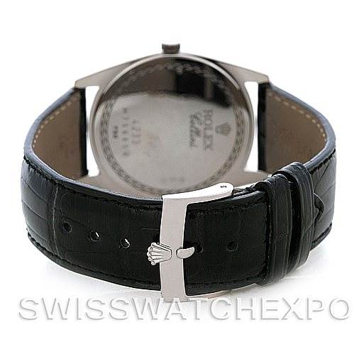 The image shows the back view and leather strap of a Rolex Cellini 4233 Men's White Gold Black Dial 4233 Men's White Gold Black Dial watch.