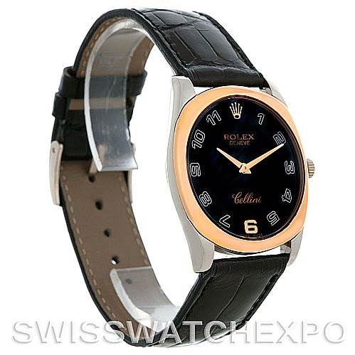 The Rolex Cellini 4233 Men's White Gold Black Dial 4233 Men's White Gold Black Dial watch is shown at a three-quarter angle, highlighting the black dial, rose gold bezel, and leather strap.