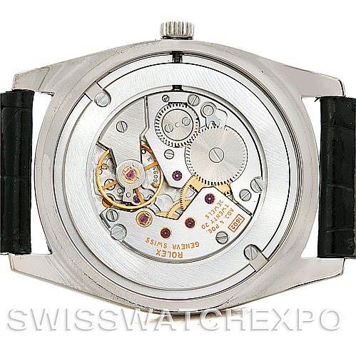 This image shows the backside of a Rolex Cellini 4233 Men's White Gold Black Dial 4233 Men's White Gold Black Dial watch, revealing the internal mechanical movement.