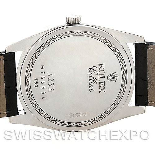 The image shows the back case of a Rolex Cellini 4233 Men's White Gold Black Dial 4233 Men's White Gold Black Dial watch, displaying inscriptions and a leather strap.