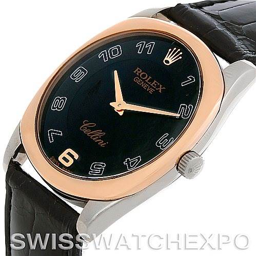 The image shows a Rolex Cellini 4233 Men's White Gold Black Dial 4233 Men's White Gold Black Dial watch from an angled side view, highlighting its black dial, rose gold bezel, crown, and black leather strap.