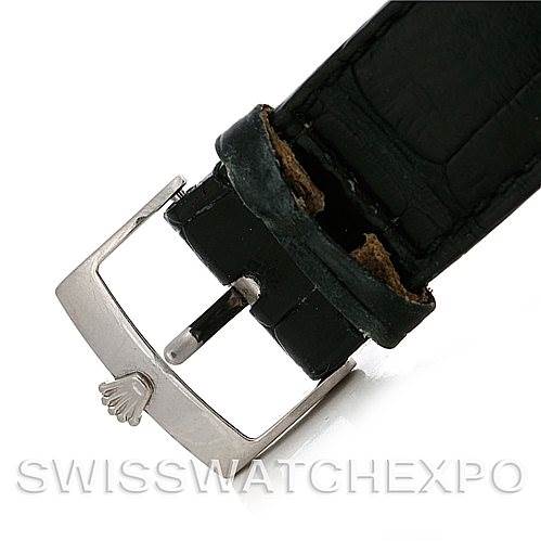 This image shows a close-up of the buckle and end portion of the leather strap from a Rolex Cellini 4233 Men's White Gold White Dial 4233 Men's White Gold White Dial watch.