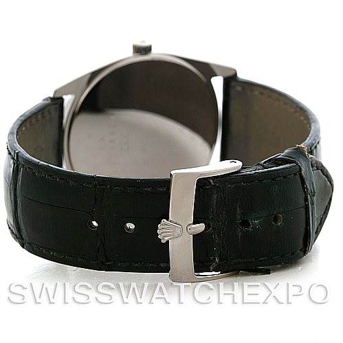 This image shows the back view of a Rolex Cellini 4233 Men's White Gold White Dial 4233 Men's White Gold White Dial watch, focusing on the clasp and leather strap.