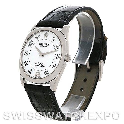 The image shows a Rolex Cellini 4233 Men's White Gold White Dial 4233 Men's White Gold White Dial watch at a three-quarter angle, highlighting the front dial, case, and black leather strap.