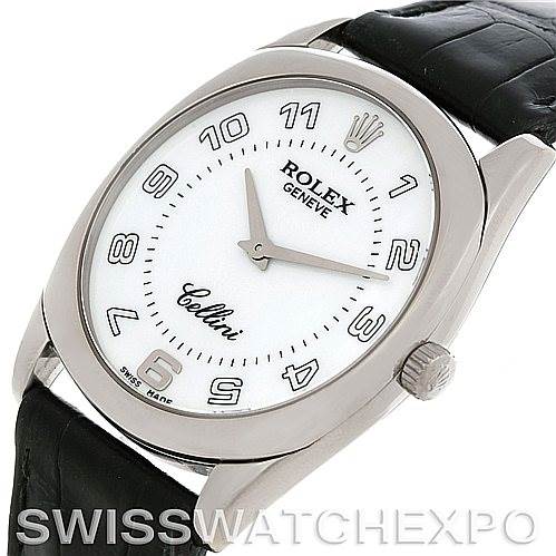 The Rolex Cellini 4233 Men's White Gold White Dial 4233 Men's White Gold White Dial watch is shown at a three-quarter angle, highlighting the face, bezel, crown, and part of the strap.