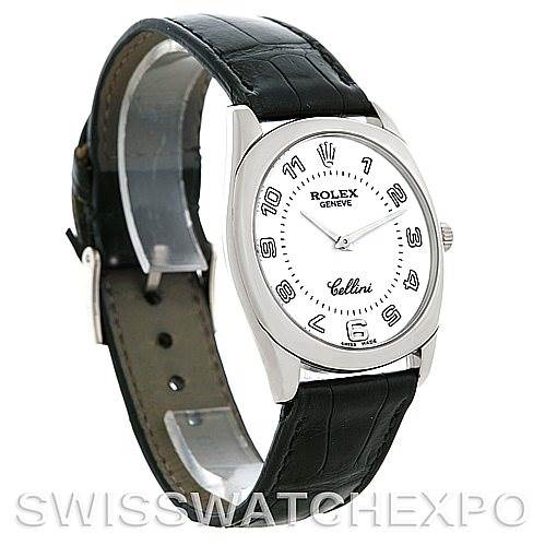 This image shows a Rolex Cellini 4233 Men's White Gold White Dial 4233 Men's White Gold White Dial watch at a three-quarter angle, displaying the face, bezel, and leather strap.