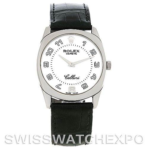 This image shows a front view of a Rolex Cellini 4233 Men's White Gold White Dial 4233 Men's White Gold White Dial watch, featuring a black leather strap, white dial, and silver casing.