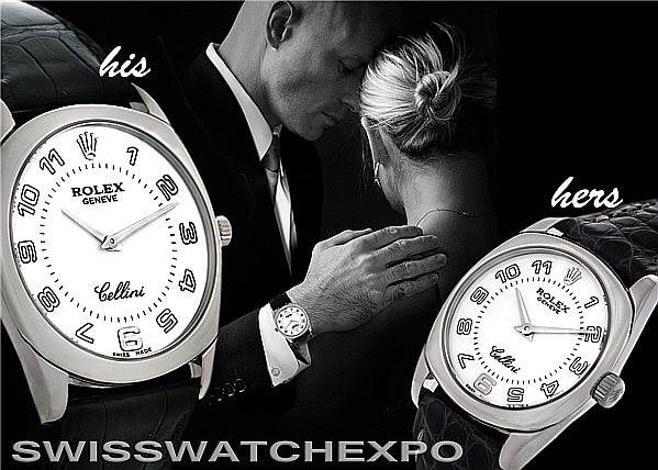 The image shows a close-up of "his" and "hers" Rolex Cellini 4233 Men's White Gold White Dial 4233 Men's White Gold White Dial watches, displaying the dials and cases from a slightly angled side view.