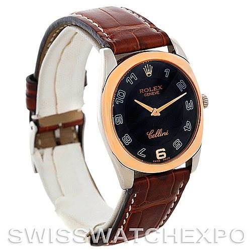 This image shows a Rolex Cellini 4233 Men's White Gold Black Dial 4233 Men's White Gold Black Dial watch from a front angle, displaying the face, bezel, and leather strap.