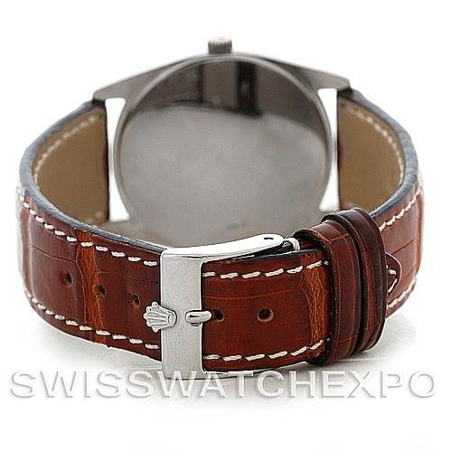 This image shows the back view of a Rolex Cellini 4233 Men's White Gold Black Dial 4233 Men's White Gold Black Dial watch, focusing on the leather strap and clasp.