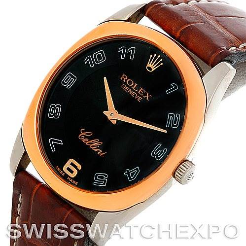 The image shows a front angle of the Rolex Cellini 4233 Men's White Gold Black Dial 4233 Men's White Gold Black Dial watch, highlighting the dial, bezel, and leather strap.