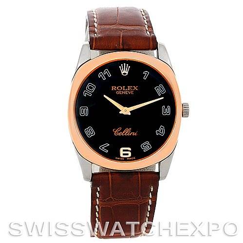 This image shows a front view of a Rolex Cellini 4233 Men's White Gold Black Dial 4233 Men's White Gold Black Dial watch with a brown leather strap and a black and gold dial.