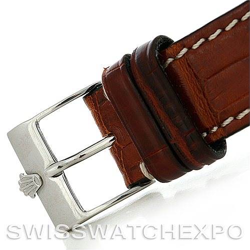This image shows a close-up of the buckle and brown leather strap of a Rolex Cellini 4233 Men's White Gold Black Dial 4233 Men's White Gold Black Dial watch.
