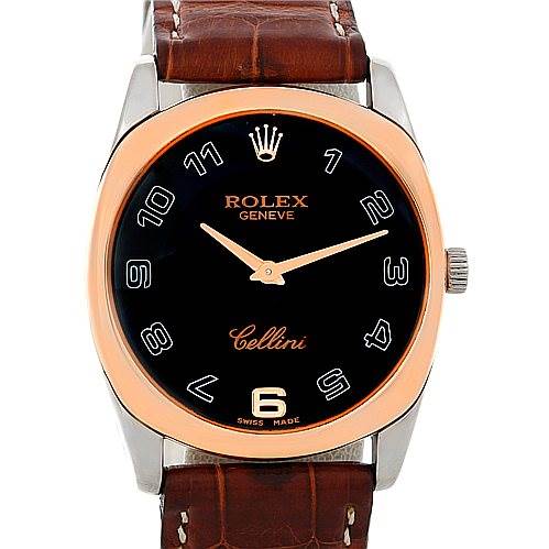 The image shows a front view of a Rolex Cellini 4233 Men's White Gold Black Dial 4233 Men's White Gold Black Dial watch with a black dial, gold indices, and a brown leather strap.