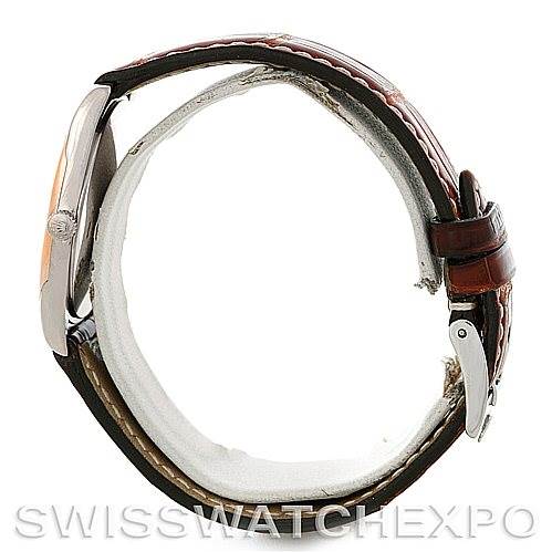 This image shows a side profile of a Rolex Cellini 4233 Men's White Gold Black Dial 4233 Men's White Gold Black Dial watch, highlighting the case, crown, and leather strap.