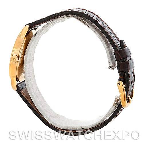 The image shows a side view of a Rolex Cellini 5115 Men's Yellow Gold Black Dial 5115 Men's Yellow Gold Black Dial watch, highlighting the gold case, crown, and black leather strap.