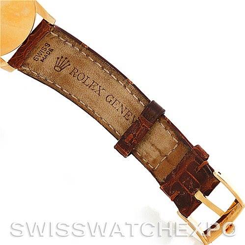 This image shows the back of the leather strap of a Rolex Cellini 5116 Men
s Yellow Gold Beige Dial 5116 Men
s Yellow Gold Beige Dial watch, including the buckle and part of the case.