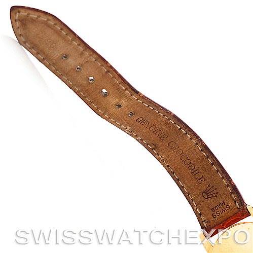 This image shows the underside of a leather strap for a Rolex Cellini 5116 Men
s Yellow Gold Beige Dial 5116 Men
s Yellow Gold Beige Dial watch, highlighting the genuine crocodile material.