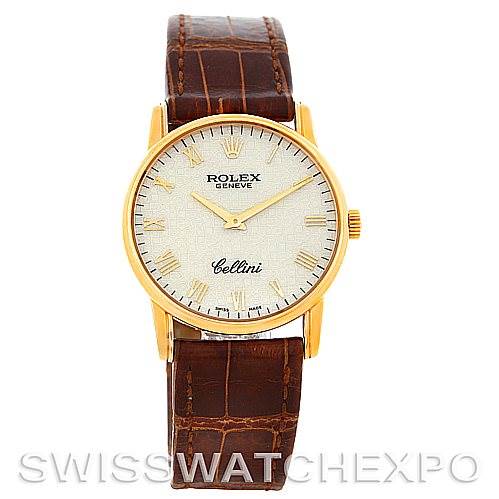 The image shows a front view of a Rolex Cellini 5116 Men
s Yellow Gold Beige Dial 5116 Men
s Yellow Gold Beige Dial watch with a brown leather strap and a gold-tone case.