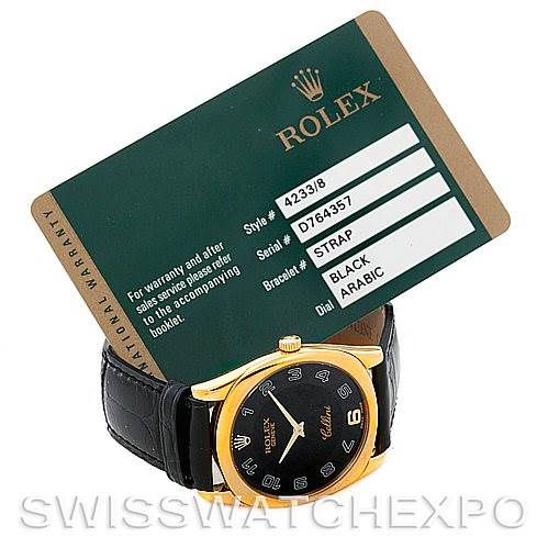 The image shows a Rolex Cellini 4233 Men's Yellow Gold Black Dial 4233 Men's Yellow Gold Black Dial watch with a black dial and leather strap, alongside its warranty card displaying the model and details.