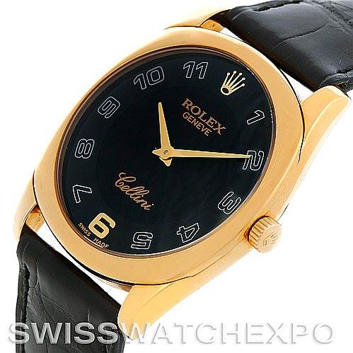 The image shows a Rolex Cellini 4233 Men's Yellow Gold Black Dial 4233 Men's Yellow Gold Black Dial watch from an angled side view, highlighting its dial, bezel, and crown.