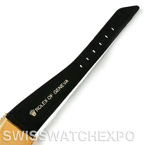 The image shows a side angle of the leather strap of a Rolex Cellini 4015 Men's Yellow Gold White Dial 4015 Men's Yellow Gold White Dial watch, displaying the "Rolex of Geneva" inscription.