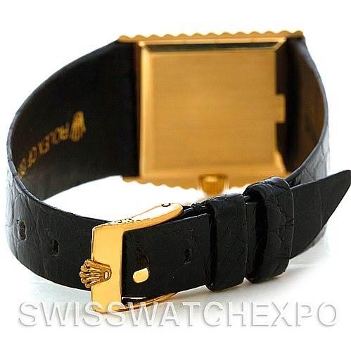 This image shows the back of a Rolex Cellini 4015 Men's Yellow Gold White Dial 4015 Men's Yellow Gold White Dial watch, focusing on the black leather strap and gold clasp.