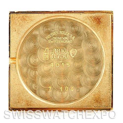 The image shows the inner case back of a Rolex Cellini 4015 Men's Yellow Gold White Dial 4015 Men's Yellow Gold White Dial watch, displaying hallmarks and inscriptions.