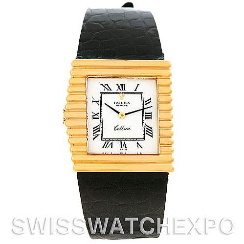 The Rolex Cellini 4015 Men's Yellow Gold White Dial 4015 Men's Yellow Gold White Dial watch is shown from the front, highlighting its square dial, gold ridged bezel, and black leather strap.