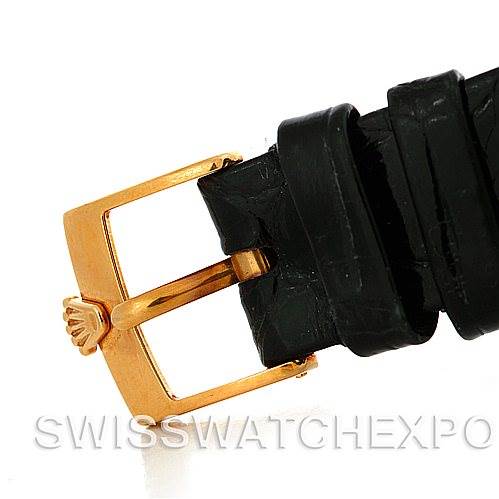 This image shows a close-up of the buckle and leather strap of a Rolex Cellini 5112 Men's Yellow Gold White Dial 5112 Men's Yellow Gold White Dial watch from an angled side view.