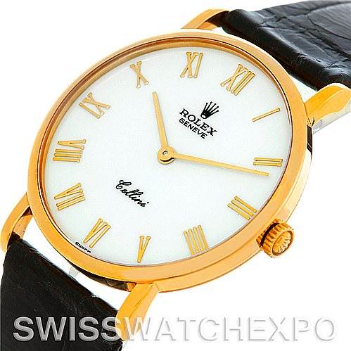 This image shows a Rolex Cellini 5112 Men's Yellow Gold White Dial 5112 Men's Yellow Gold White Dial watch from a tilted angle, highlighting its gold case, white dial, and leather strap.