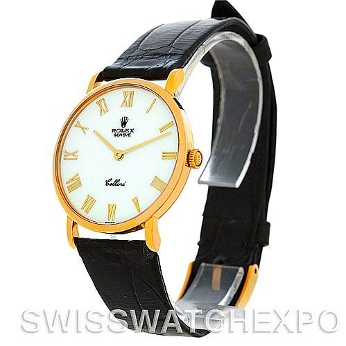 The image shows a side and front angle of a Rolex Cellini 5112 Men's Yellow Gold White Dial 5112 Men's Yellow Gold White Dial watch with a gold case and black leather strap.