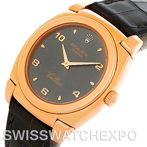 The image shows a close-up angle of a Rolex Cellini 5320/5 Rose Gold Grey Dial 5320/5 Rose Gold Grey Dial watch, focusing on the face, bezel, crown, and part of the leather strap.