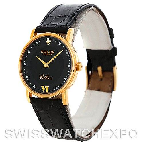 This image shows a side-angle view of a Rolex Cellini 5115 Men's Yellow Gold Black Dial 5115 Men's Yellow Gold Black Dial watch featuring its black dial, gold case, and leather strap.