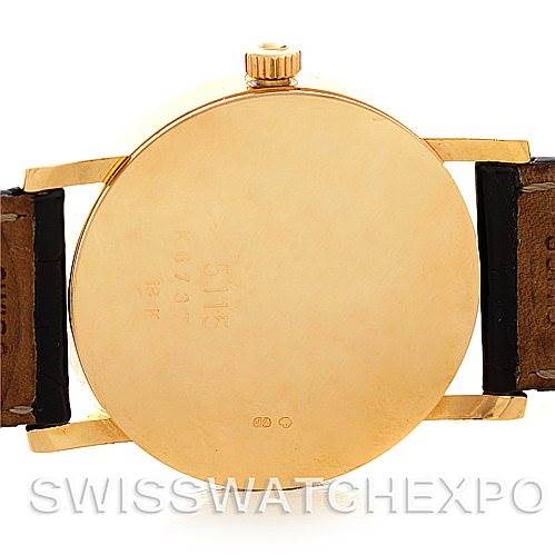 This image shows the back case and crown of a Rolex Cellini 5115 Men's Yellow Gold Black Dial 5115 Men's Yellow Gold Black Dial watch from a rear angle.